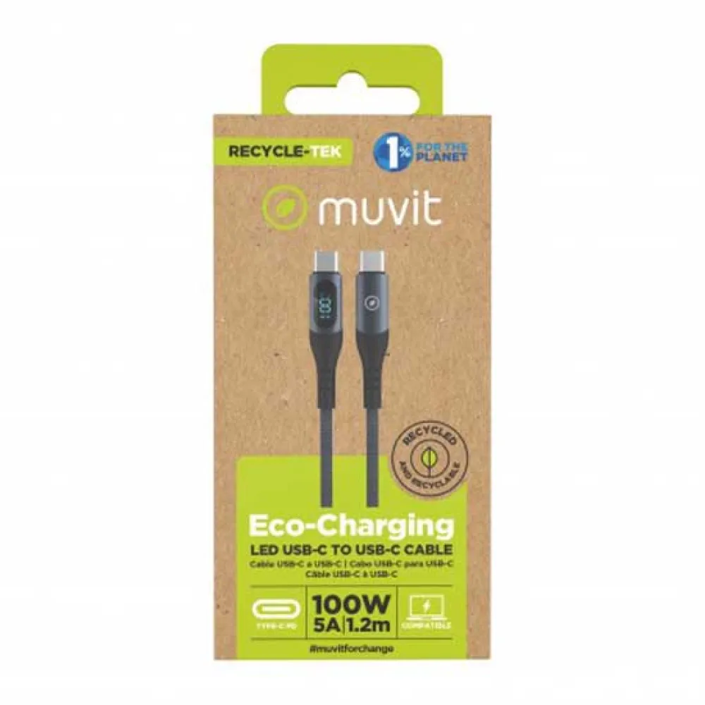 Cable USB-C - Muvit For Change MCUSC0054, 1.2m, a USB-C, 100W, Pantalla LCD, Gris – imagen 4