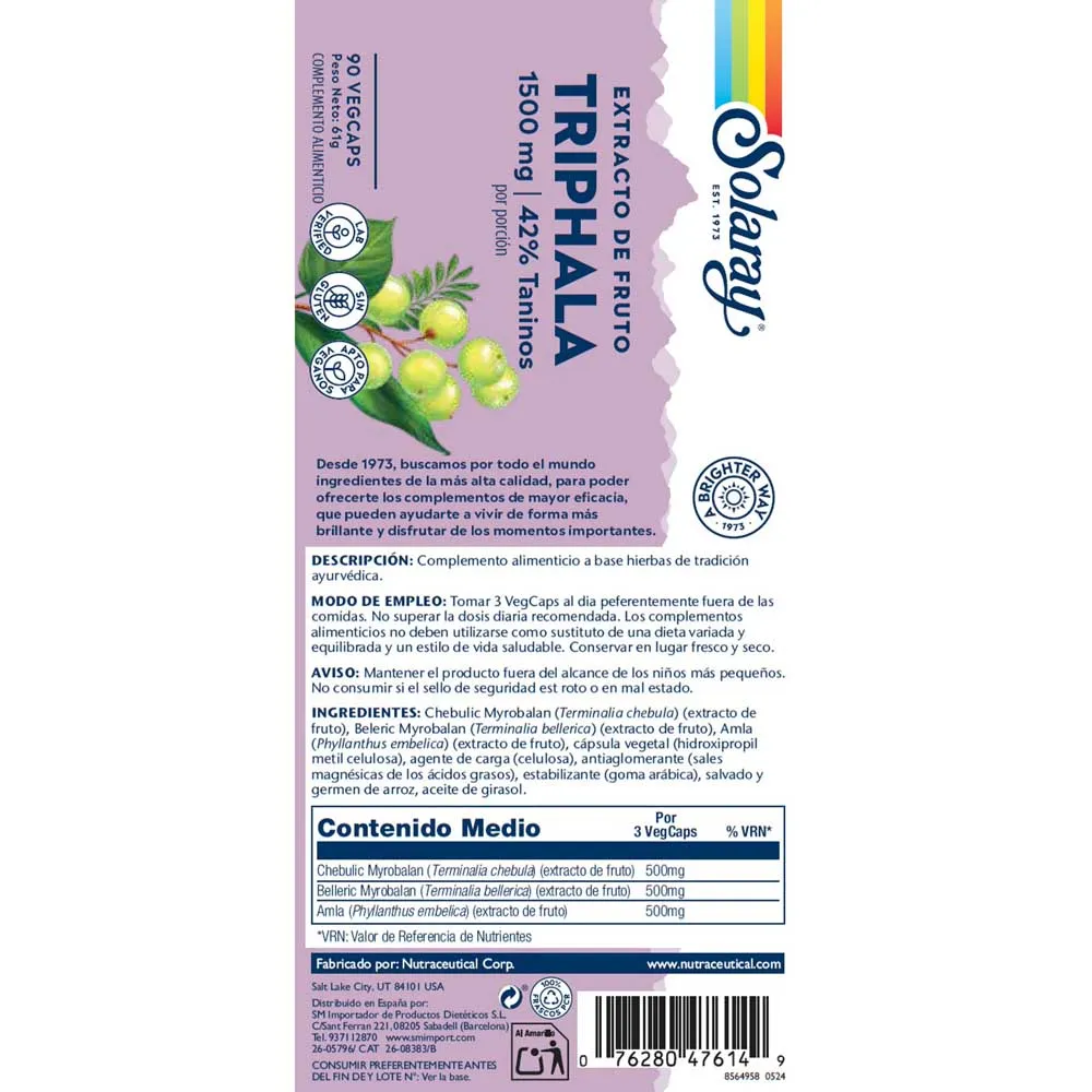 Solaray Triphala Kapslar 500mg 90 Enheter, Multicolor, One Size