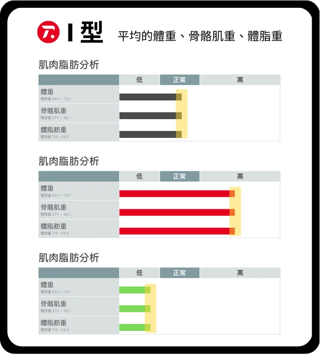 I型身材示意圖 - 體重骨骼肌重體脂肪重平均分佈