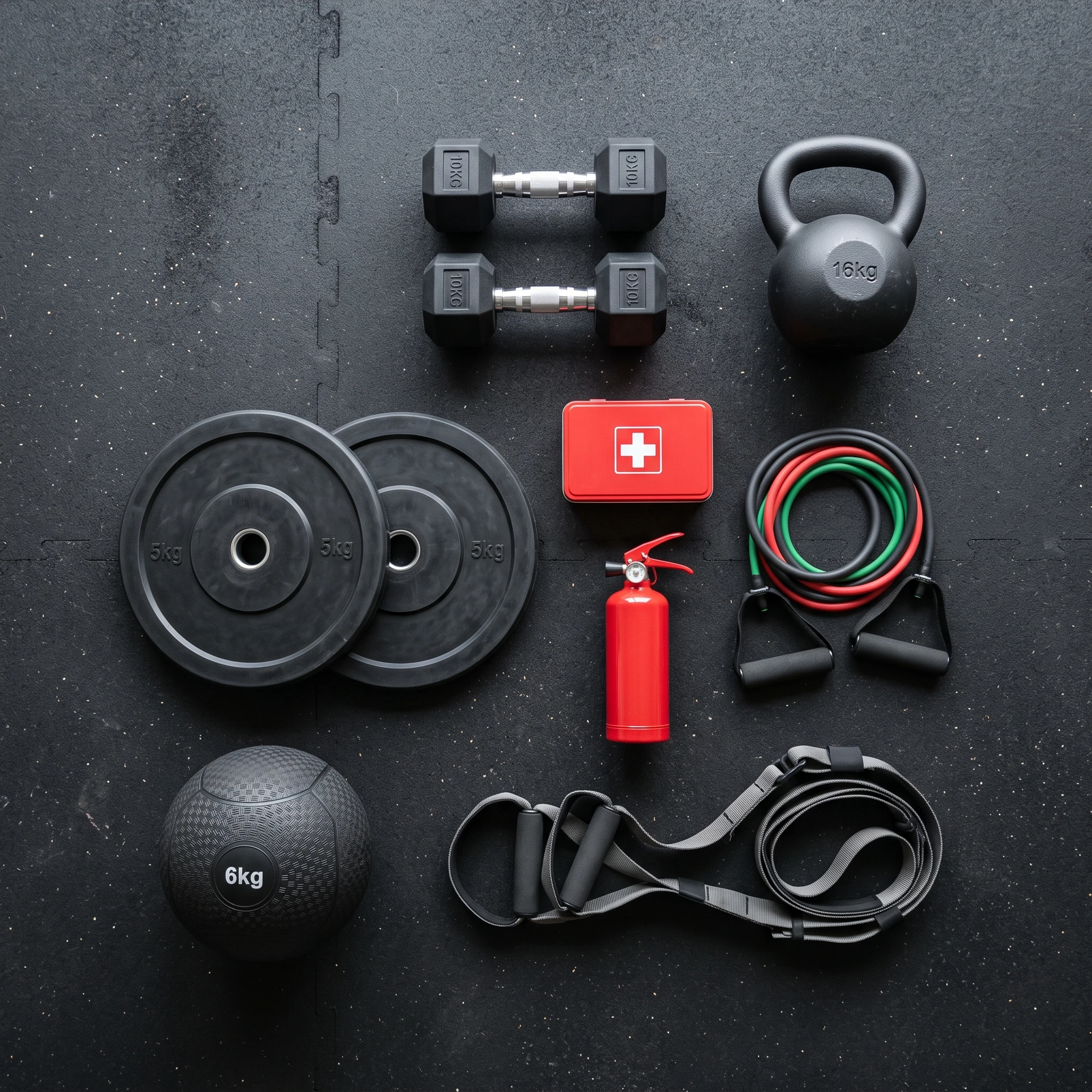 Opening-day equipment layout of a fitness studio with a squat rack, dumbbells and rubber flooring