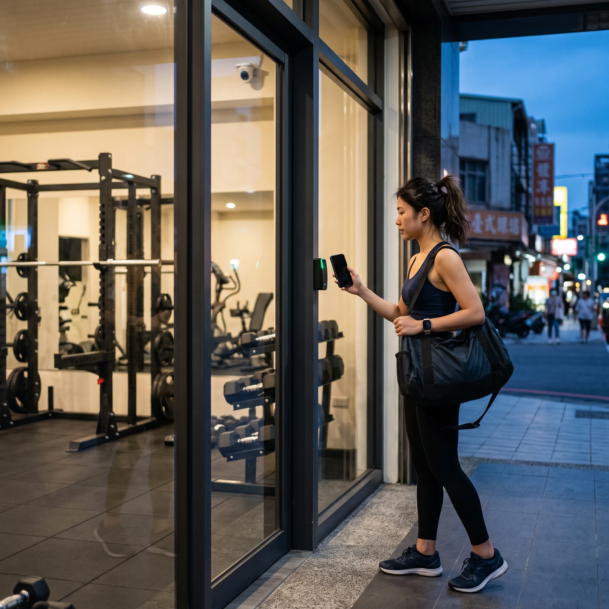 A member unlocking a fitness studio door with a phone, with access control linked to the booking system