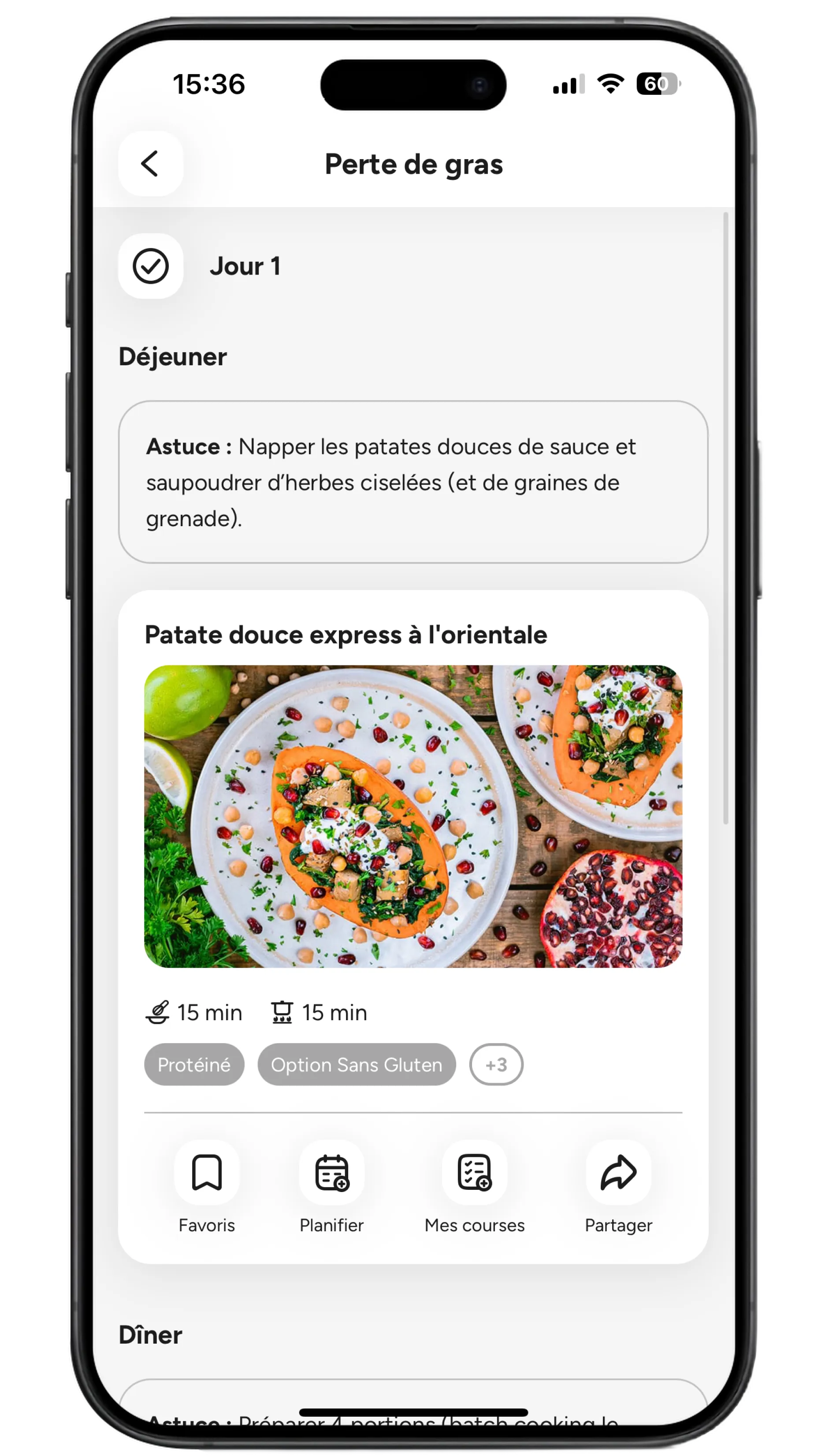 Présentation d'une page recette sur l'application Trainsweateat