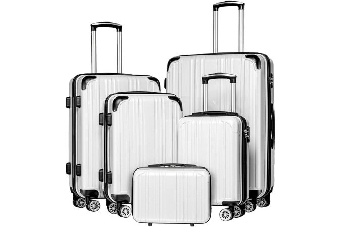 Coolife Luggage Expandable 5-Piece Set – Durable PC+ABS Spinner Suitcase Set with TSA Lock, 20", 24", 28", and Cosmetic Case (White Grid New)