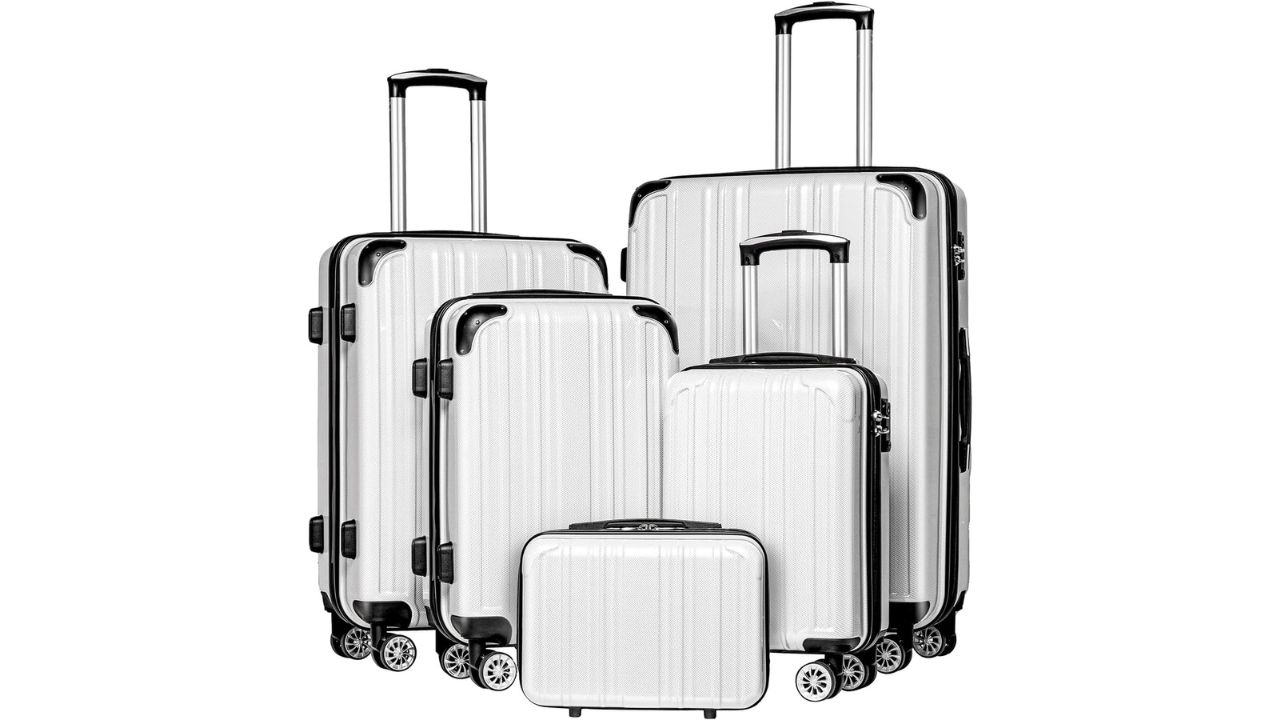Coolife Luggage Expandable 5-Piece Set – Durable PC+ABS Spinner Suitcase Set with TSA Lock, 20", 24", 28", and Cosmetic Case (White Grid New)
