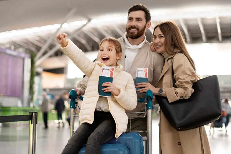 A family at the airport. 