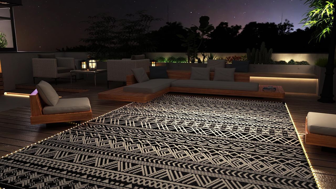 MontVoo Outdoor Rug 9x12 ft with LED Strip Lights – Waterproof Reversible Patio, RV, & Camping Rug, Boho Indoor/Outdoor Mat