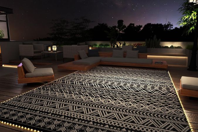 MontVoo Outdoor Rug 9x12 ft with LED Strip Lights – Waterproof Reversible Patio, RV, & Camping Rug, Boho Indoor/Outdoor Mat