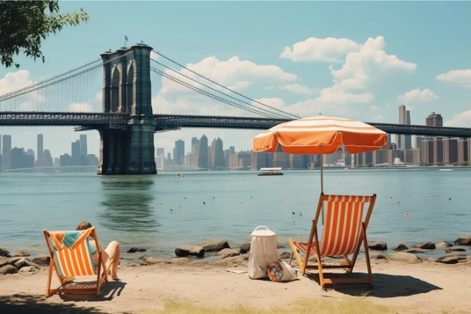 Picture of young woman sitting on a beach chair looking at the water