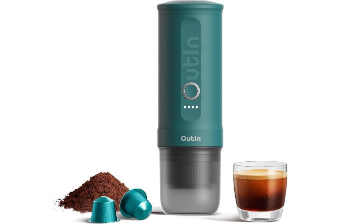 Outin Nano Portable Electric Espresso Machine – Travel Coffee Maker for Camping, RV, Hiking, and Office, USB-C Self-Heating with Ground Coffee & NS Capsule Compatibility