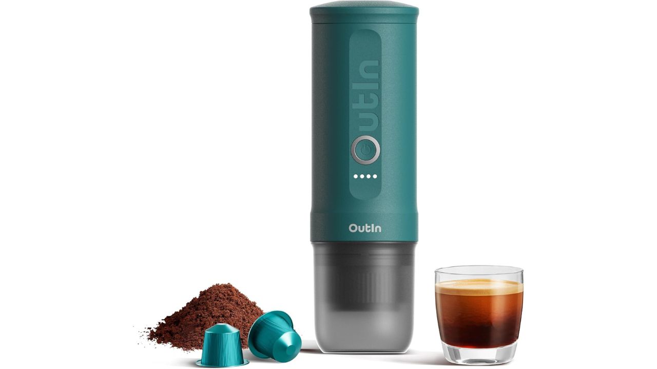 Outin Nano Portable Electric Espresso Machine – Travel Coffee Maker for Camping, RV, Hiking, and Office, USB-C Self-Heating with Ground Coffee & NS Capsule Compatibility