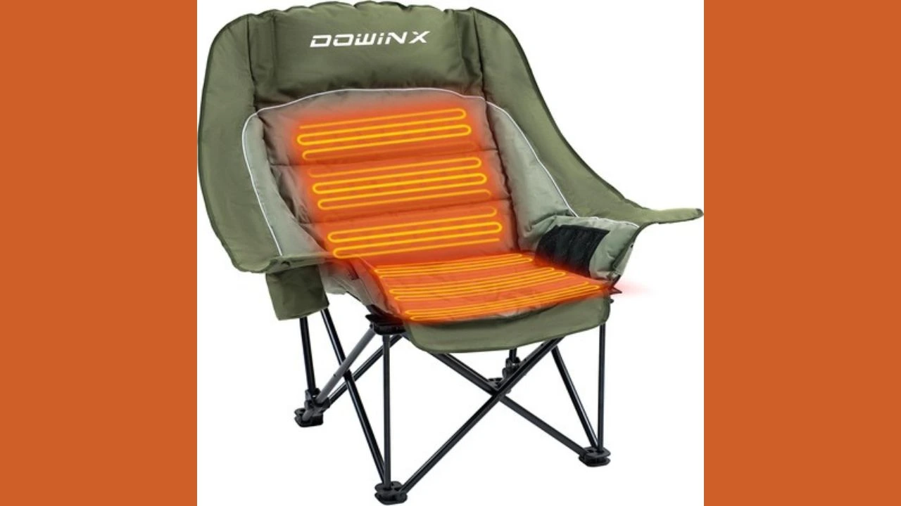 Dowinx Oversized Extra Large Heated Camping Chair for Adults – Adjustable, Padded, Folding, 300 lbs. Capacity, Waterproof, with Cup Holder, Green