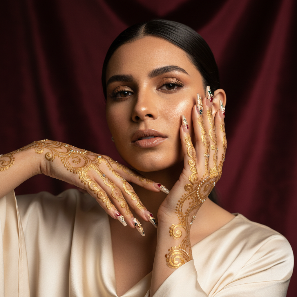 Cinematic portrait of a woman with luxury gold henna patterns and intricate nail art, soft studio lighting, 8k resolution