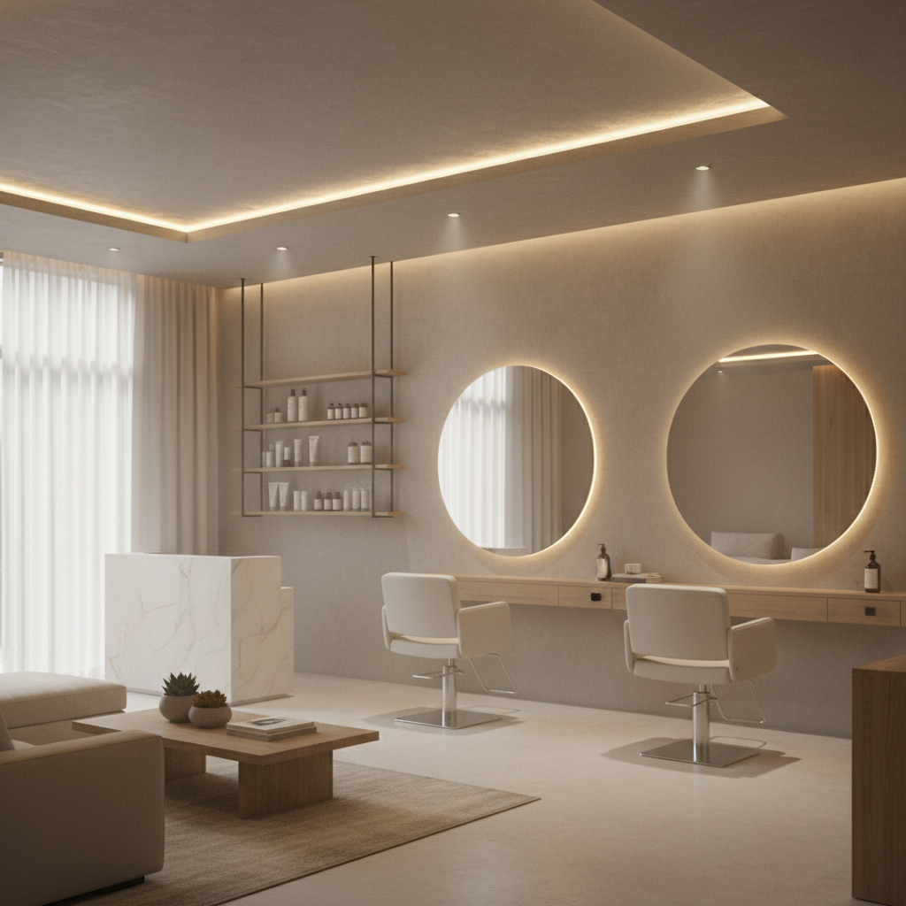 Modern salon interior with soft lighting and minimalist furniture