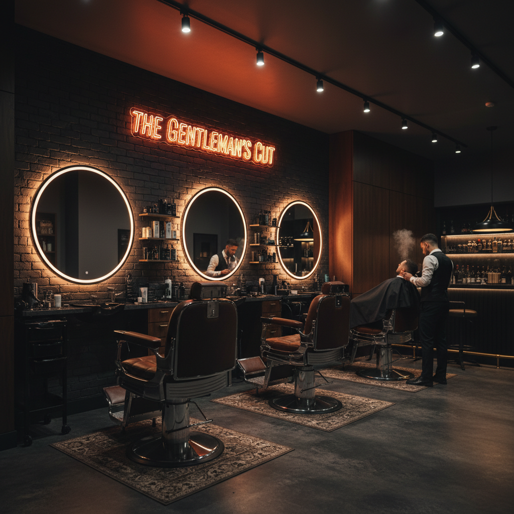 Cinematic wide shot of a luxury dark-themed barber shop with leather chairs and warm neon accents, 8k resolution