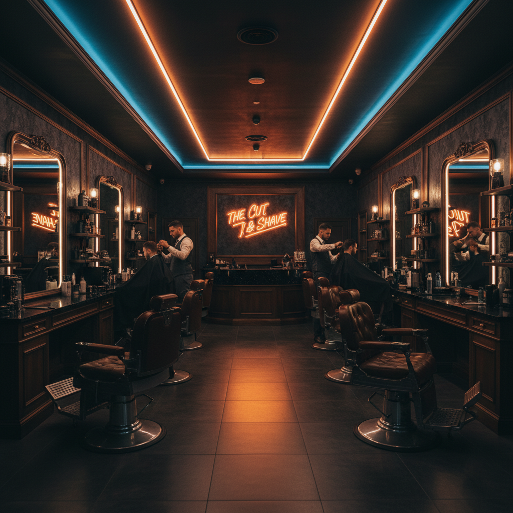 Professional barber cutting hair with precision, artistic lighting, 8k