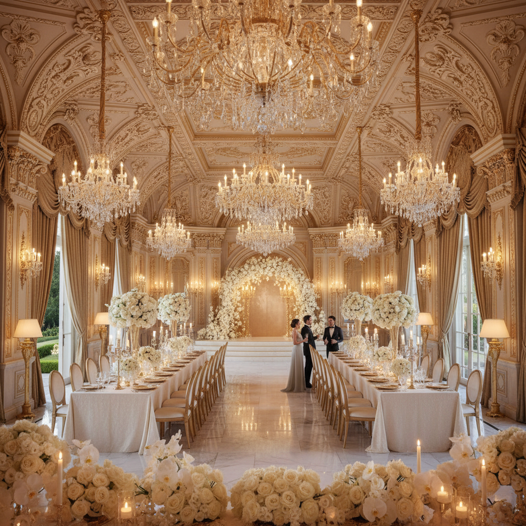 Elegant wedding kosha design with gold trimmings and white orchids