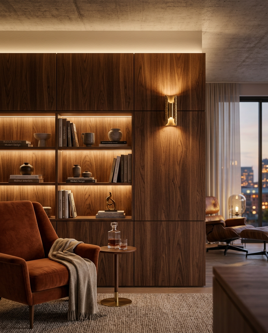 Cinematic shot of luxury walnut wood wall paneling in a modern living room, warm ambient lighting, 8k resolution
