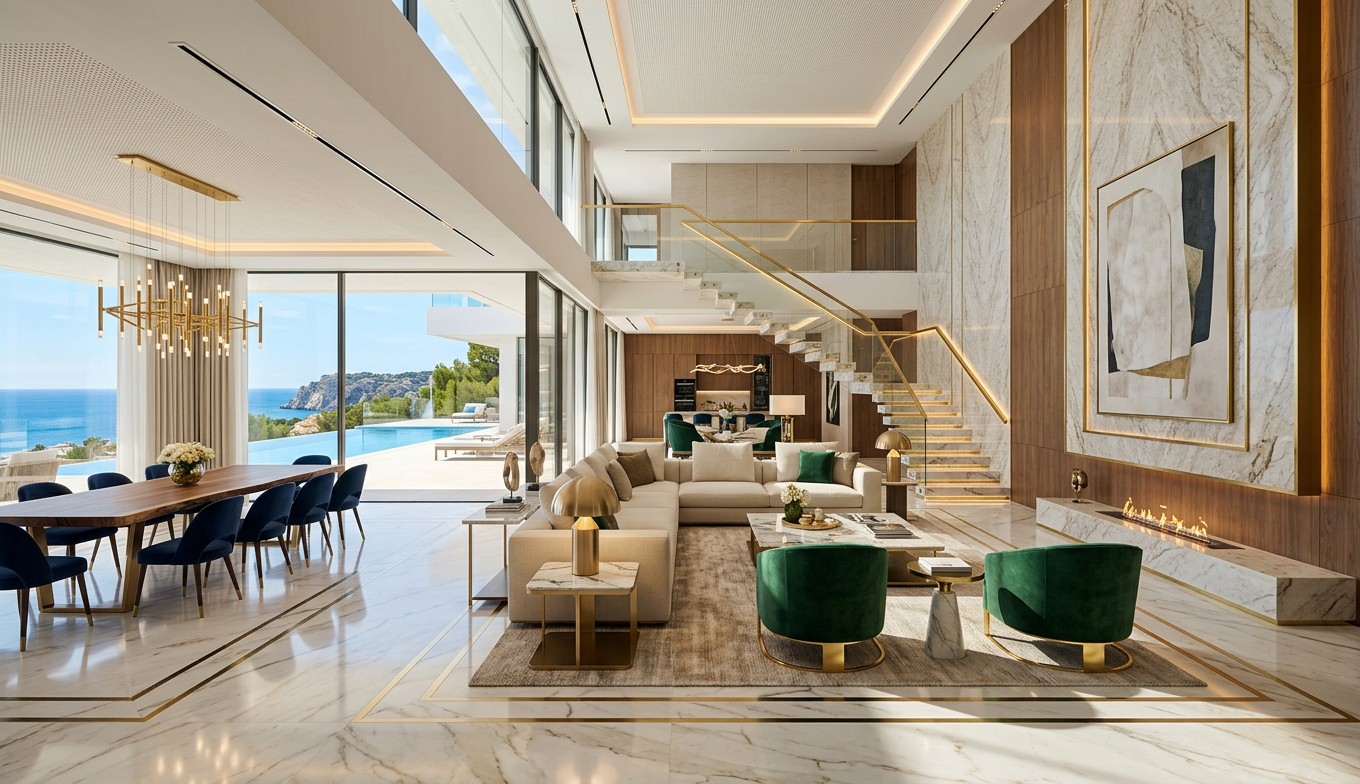 Cinematic wide shot of a luxury modern villa interior with marble floors and gold accents, 8k architectural photography