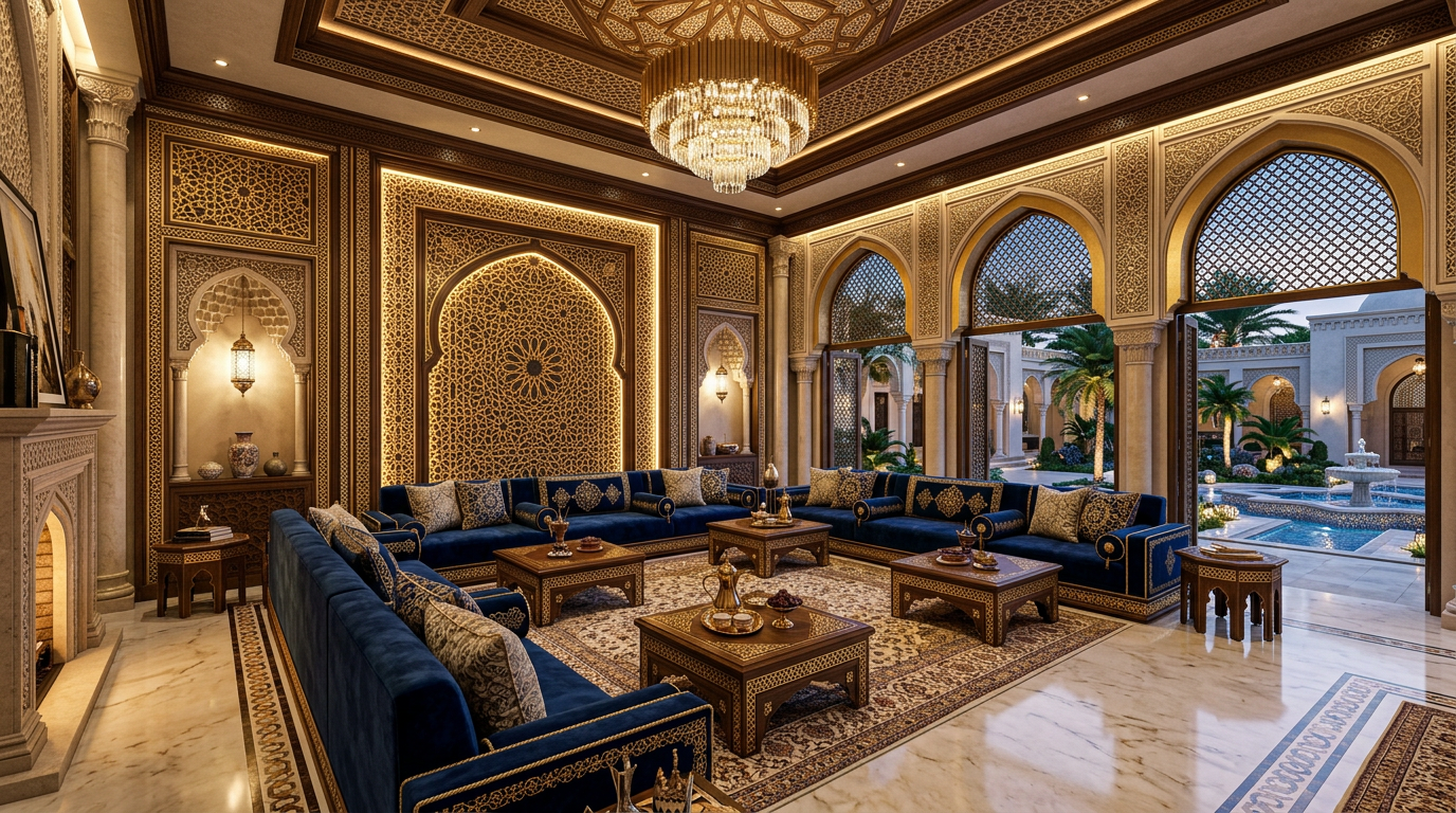 Modern luxury Arabic Majlis with intricate wall patterns and premium velvet seating, 8k architectural render