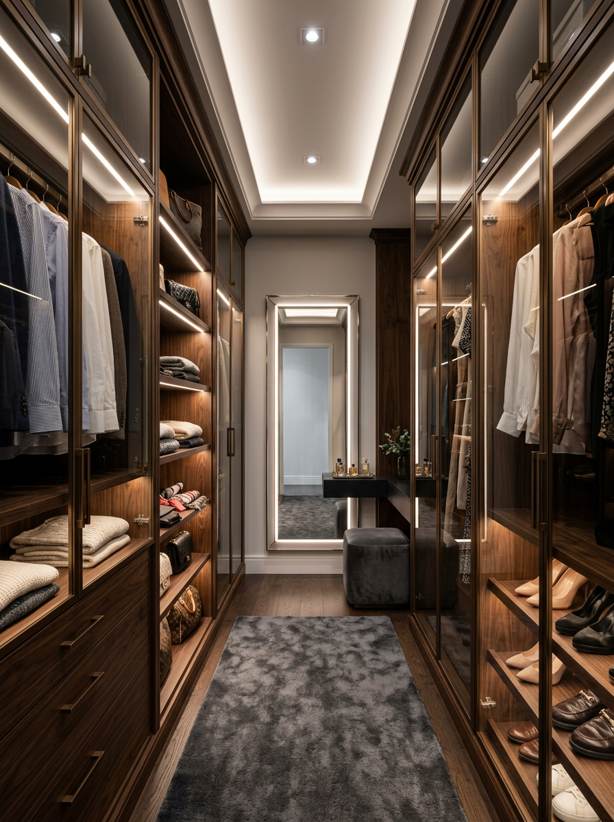 Elegant dark wood walk-in closet with LED lighting and glass doors
