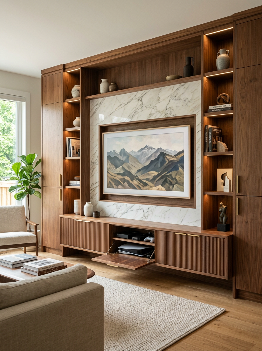 Bespoke wooden TV wall unit with marble accents and hidden storage