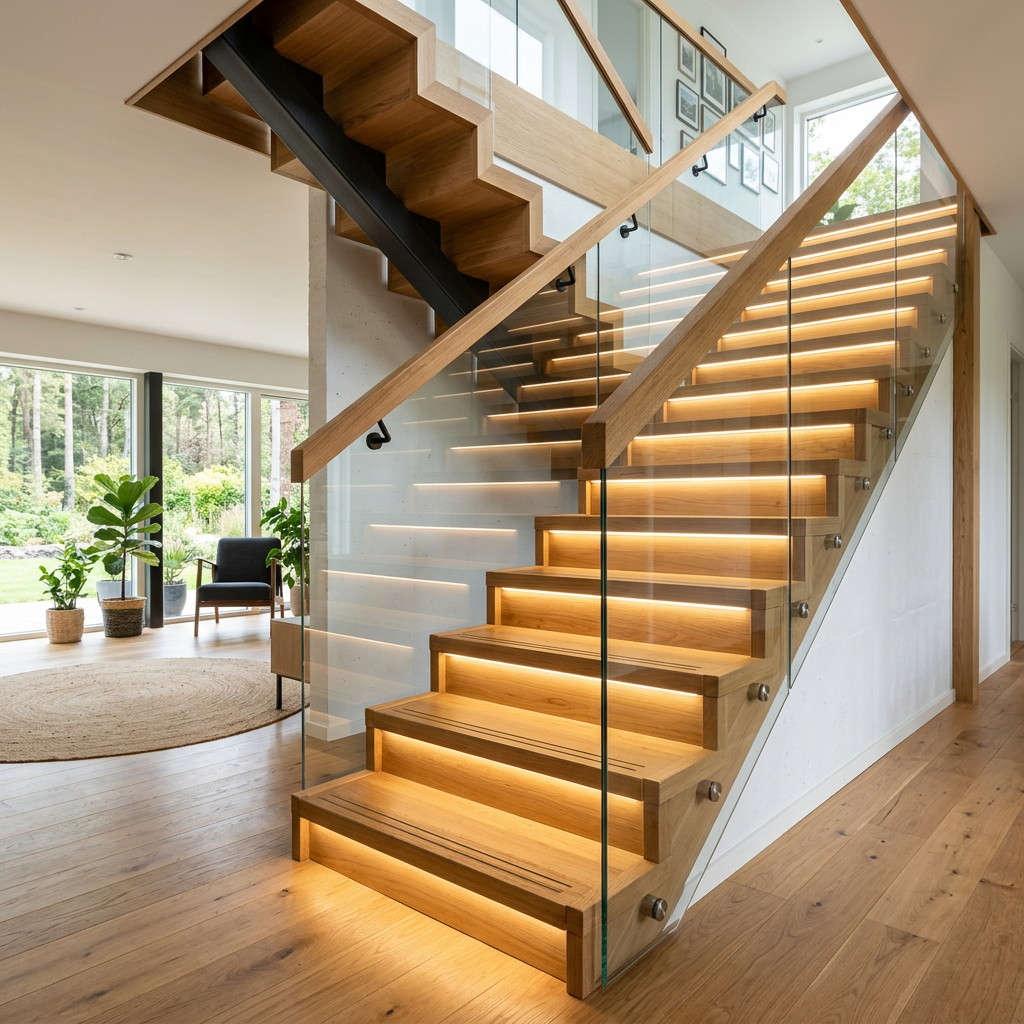 Modern wooden staircase with glass railings and integrated lighting