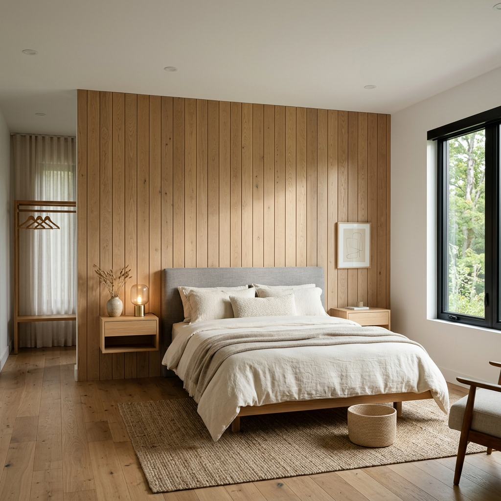 Minimalist wood cladding in a master bedroom suite