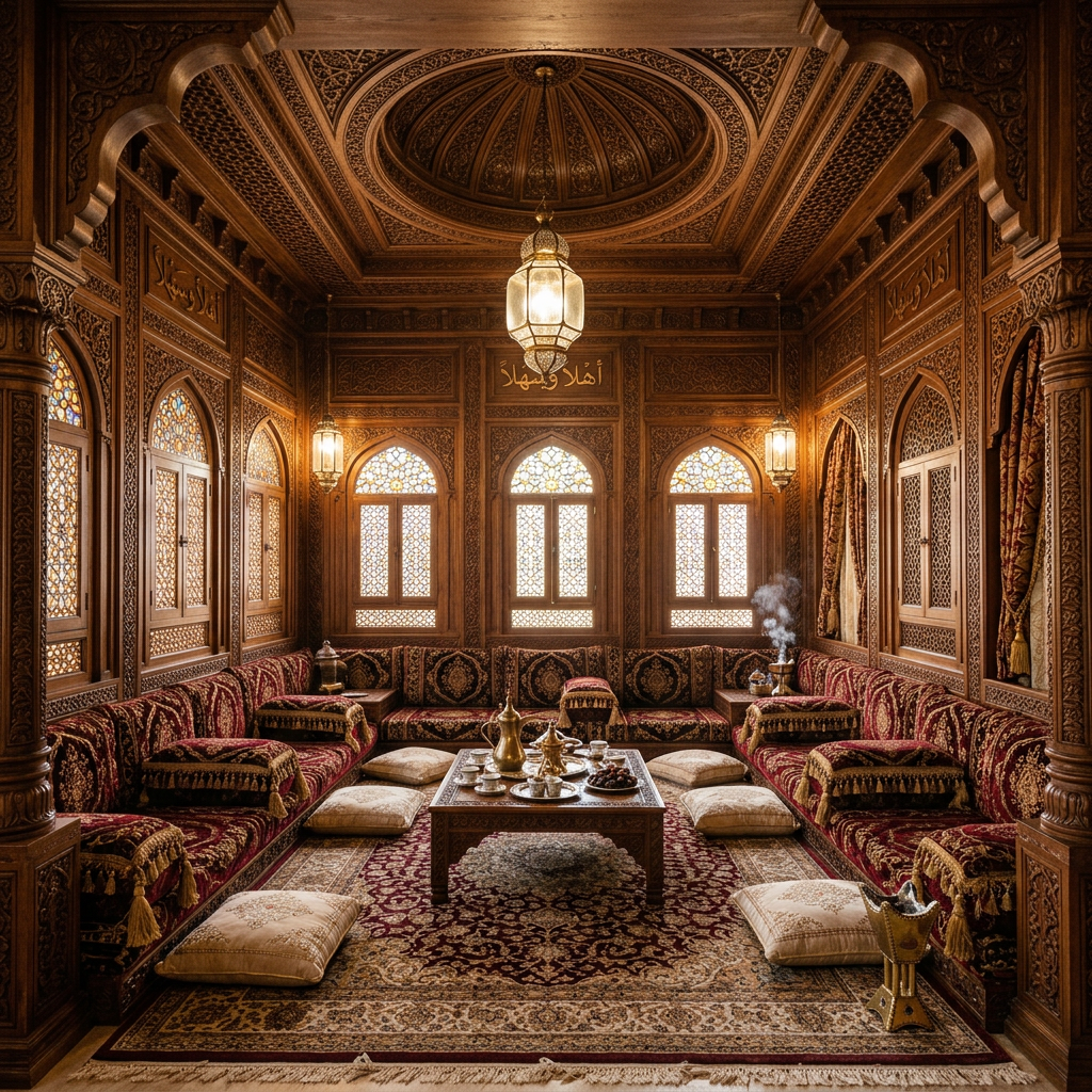 Traditional Arabic majlis with high-end carved wooden details