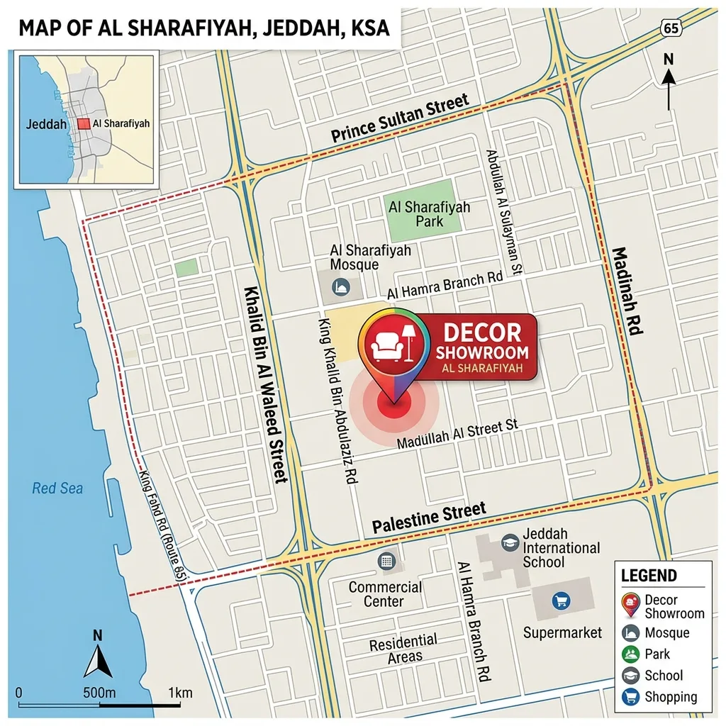 Map view of Al Sharafiyah district in Jeddah showing the location of the decor showroom