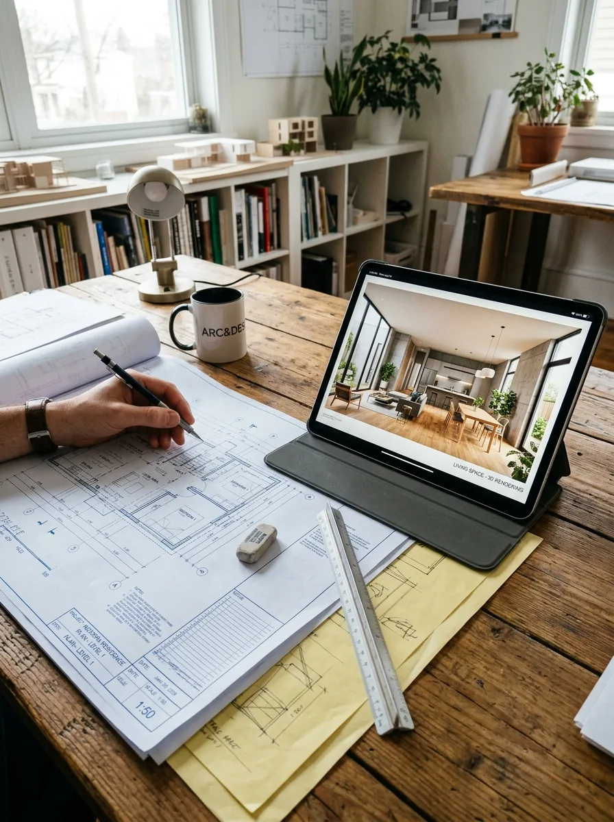 Architectural blueprint and modern 3D interior design rendering on a desk