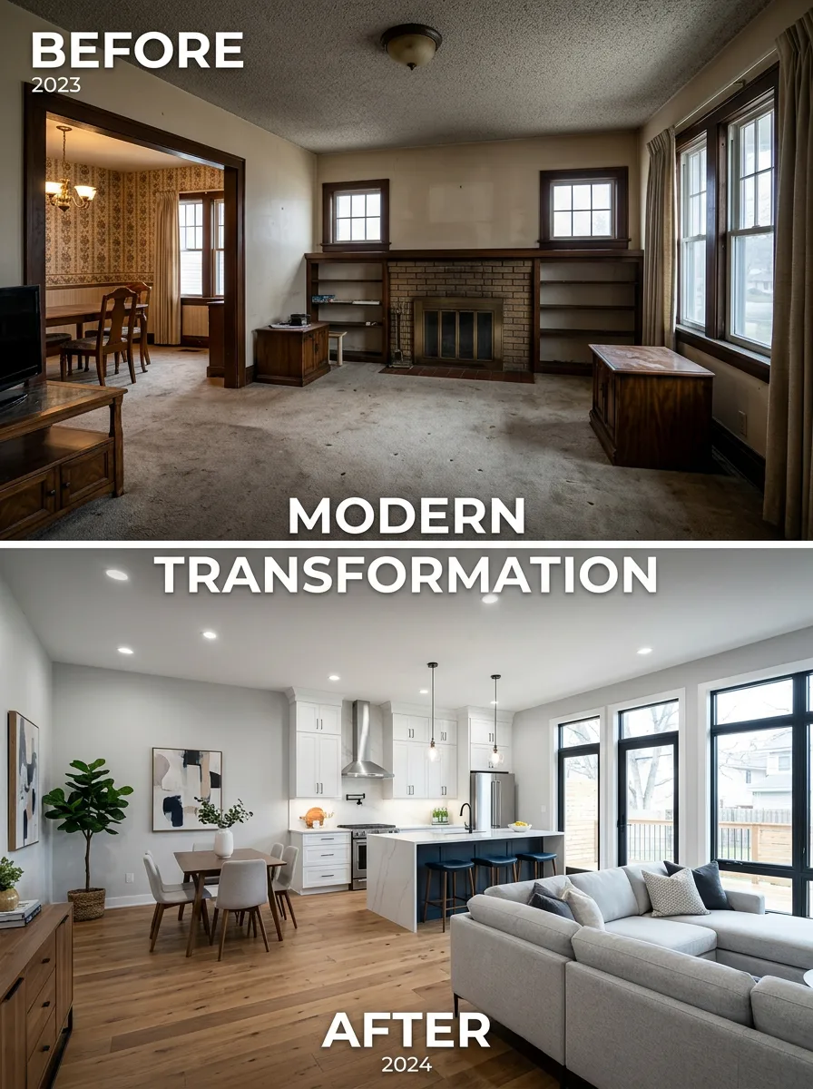 Before and after montage of a home renovation project showing modern transformation
