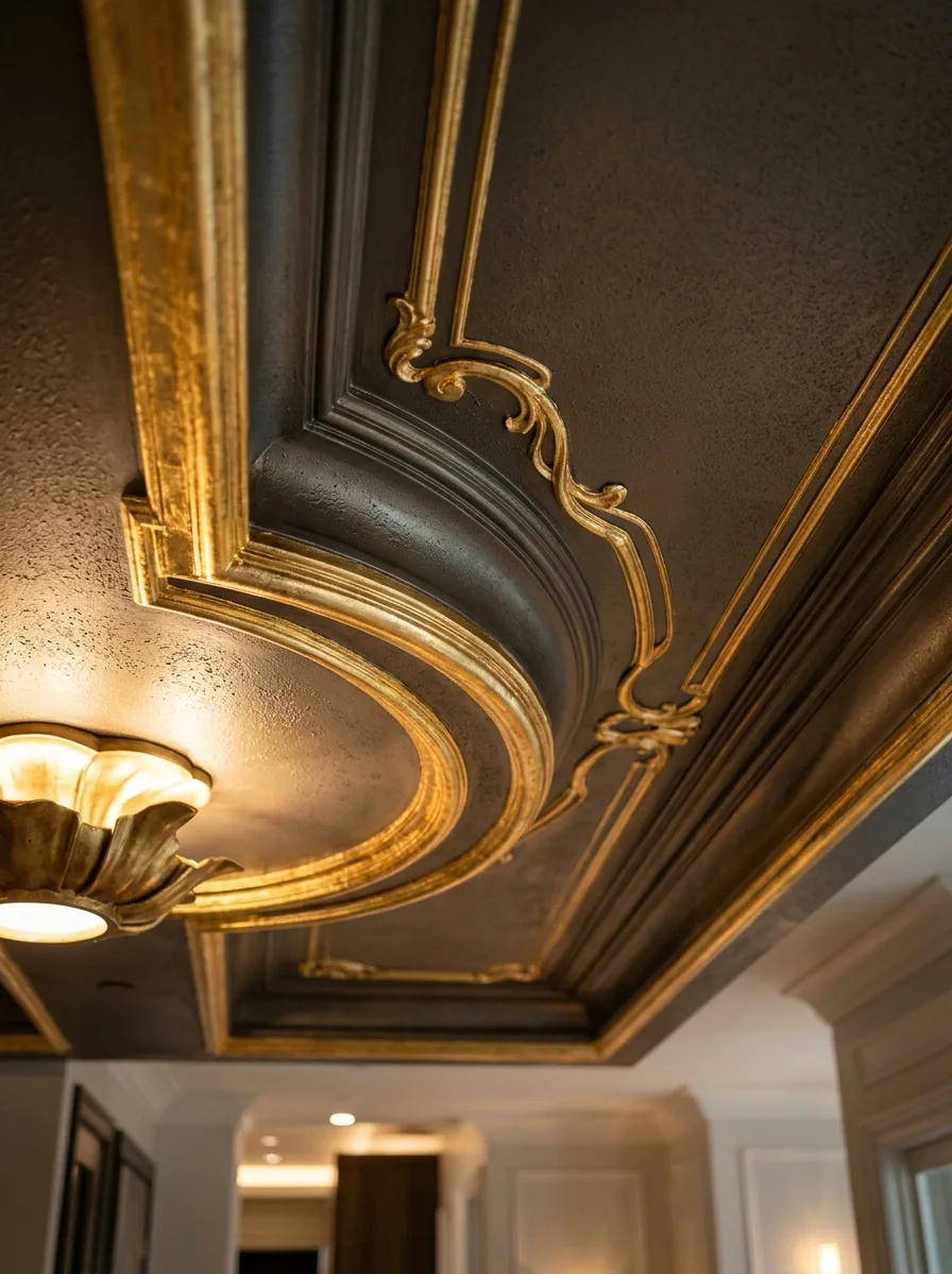 Close up of luxury paint finishing and gold leaf details on a modern ceiling
