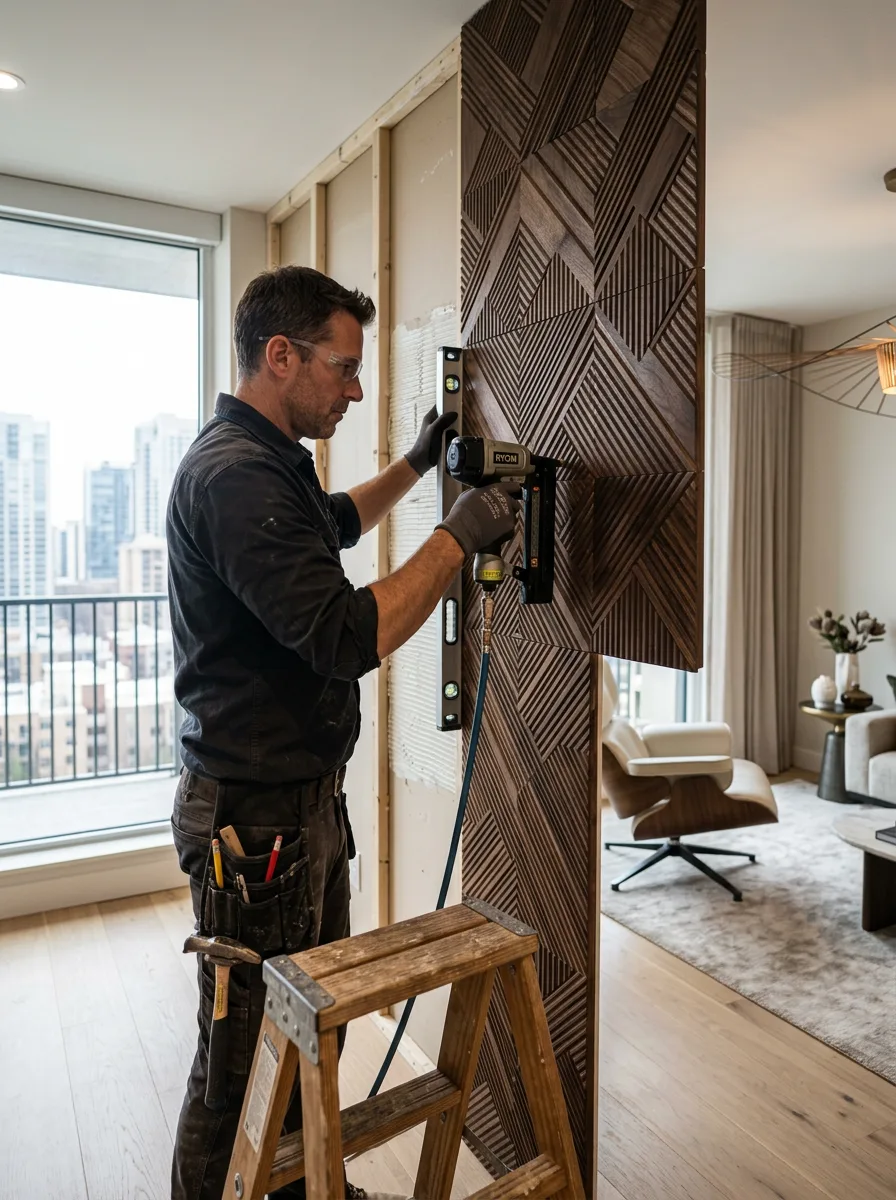 Skilled worker installing decorative wall panels in a high-end apartment