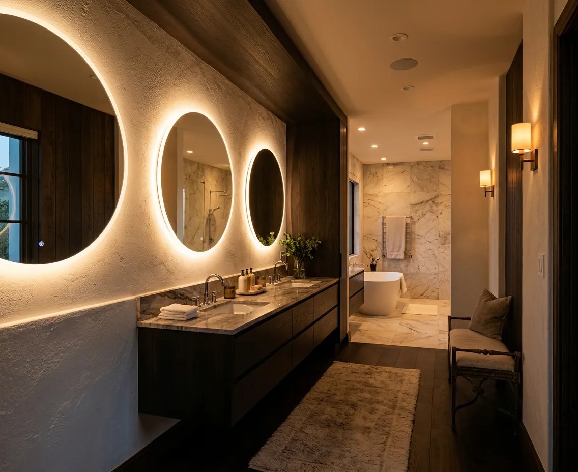 Backlit mirrors in a luxury bathroom or hallway, ambient lighting