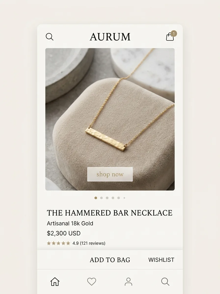 High-end mobile application interface for a luxury e-commerce store, minimalist design, sleek animations, premium product photography