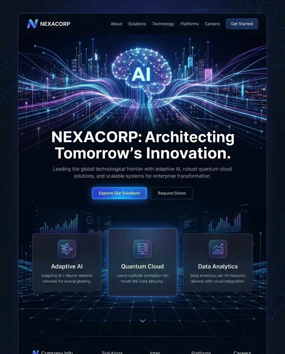 A sleek corporate website landing page for a technology company, ultra-modern aesthetic, high-quality interactive elements