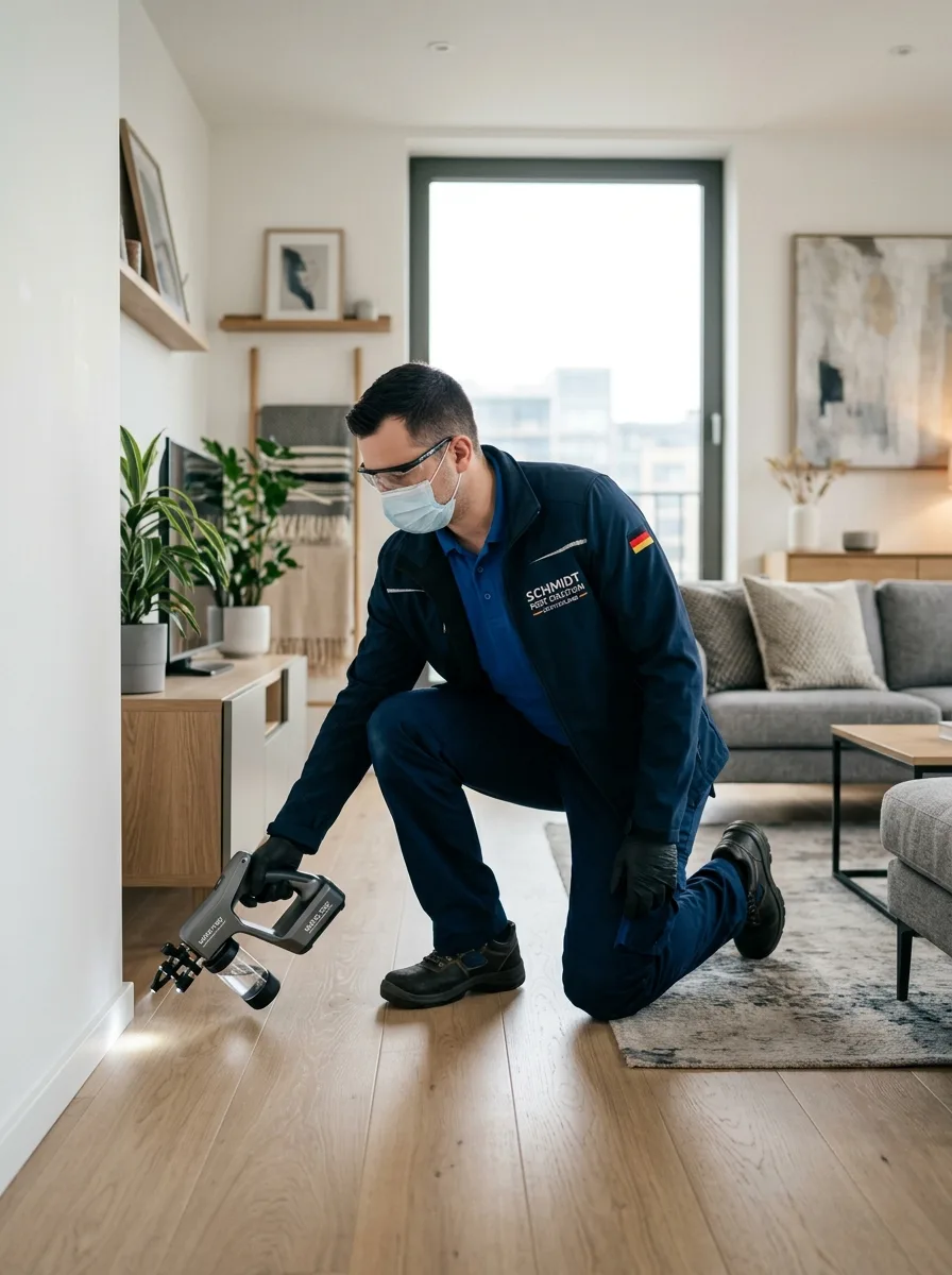Professional pest control technician using German nano technology in a clean modern living room, 8k cinematic lighting