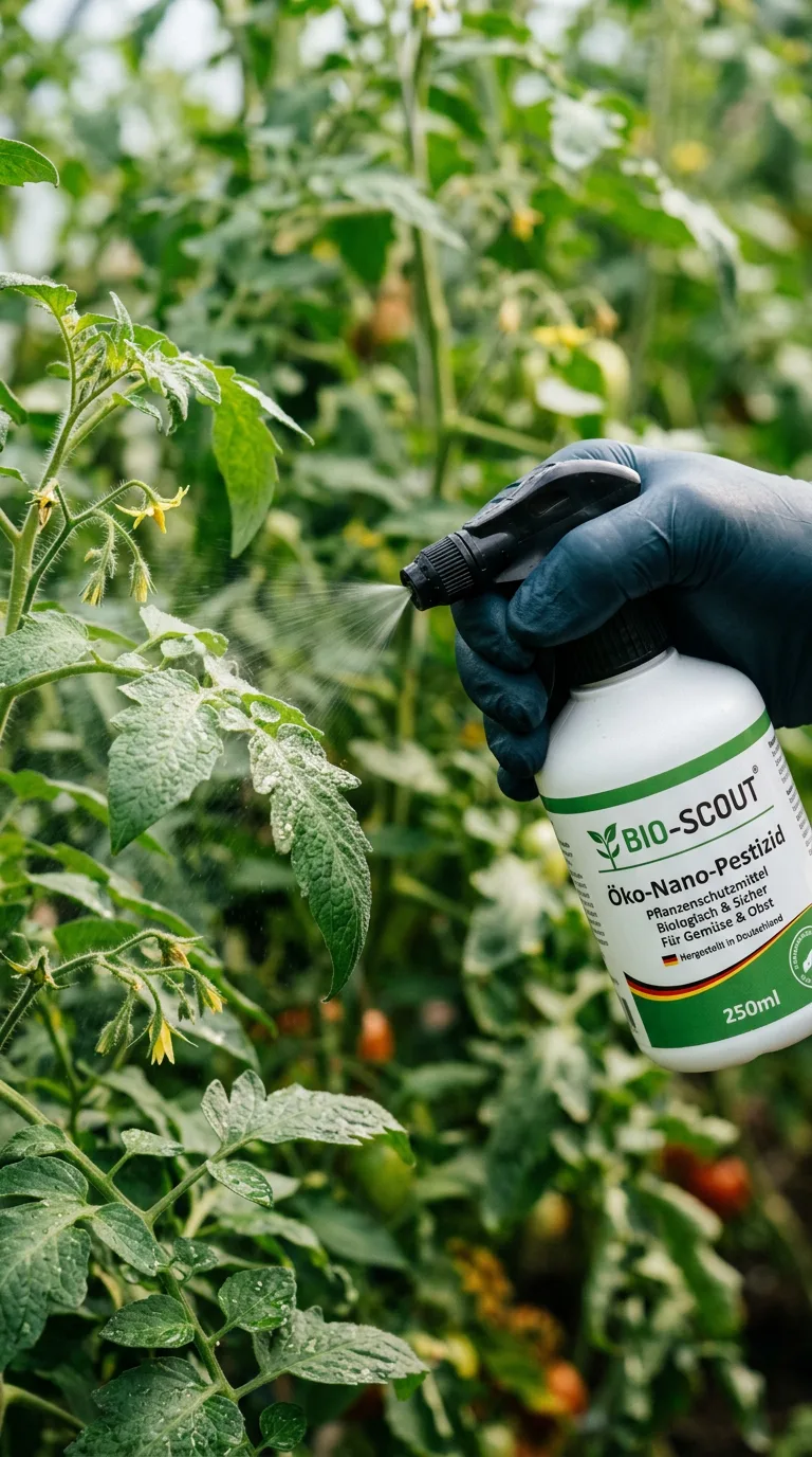 Close up of a German nano-technology eco-friendly pesticide bottle being applied safely, professional macro photography