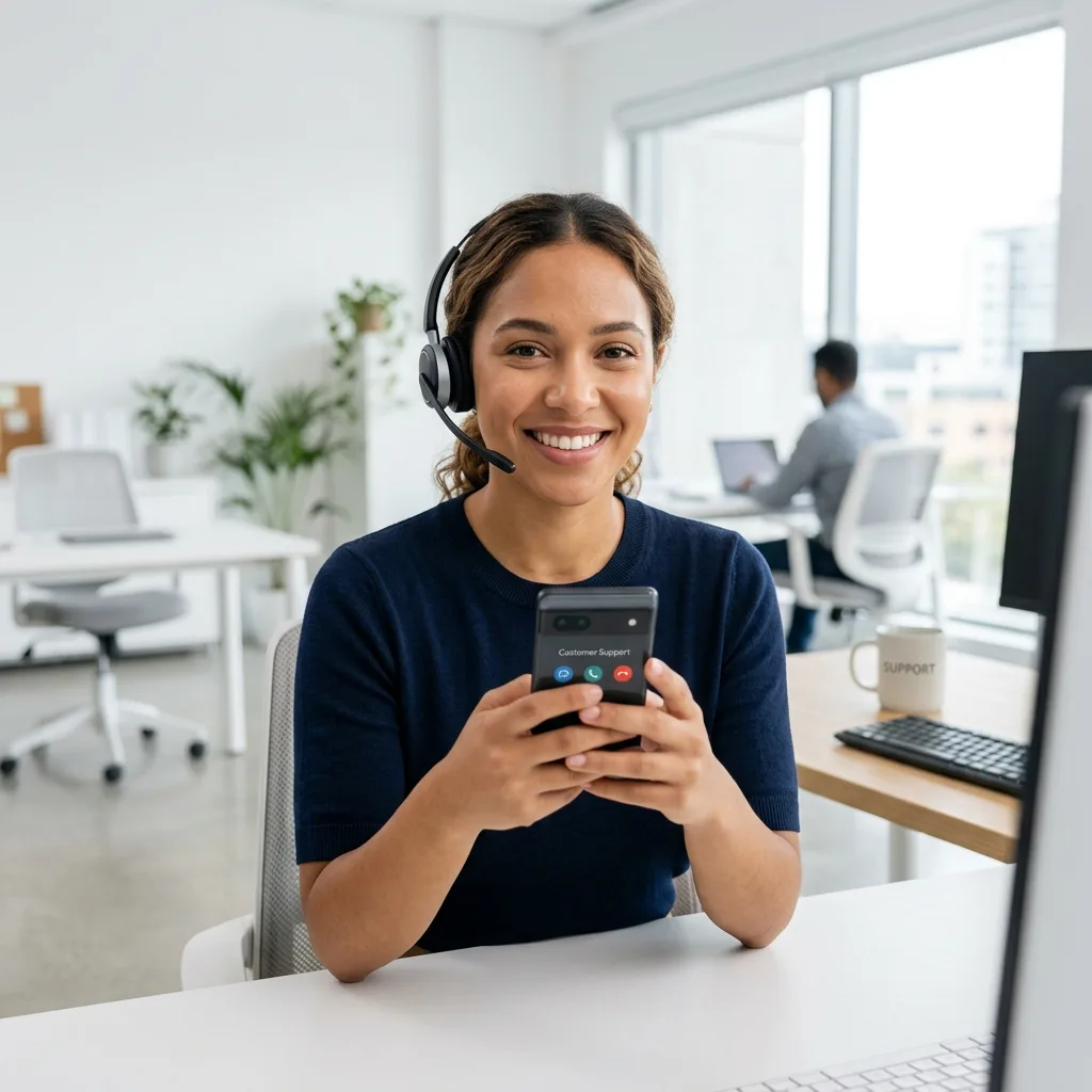 Friendly customer support agent on a smartphone, clean minimal office background, 8k