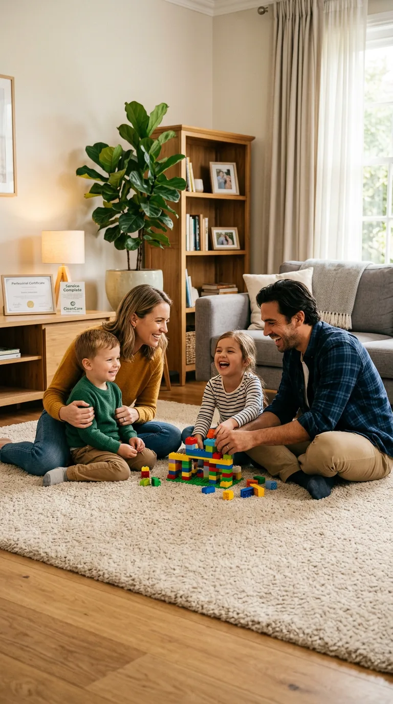 Happy family playing on a clean carpet after professional pest control service, warm home atmosphere