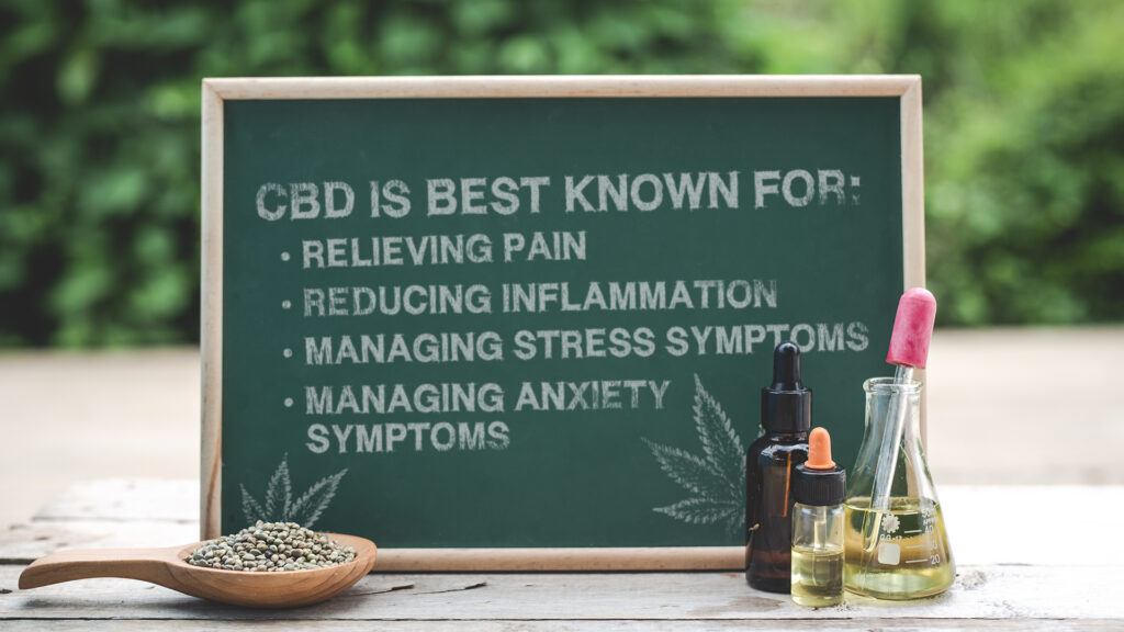 Chalkboard listing potential benefits of CBD