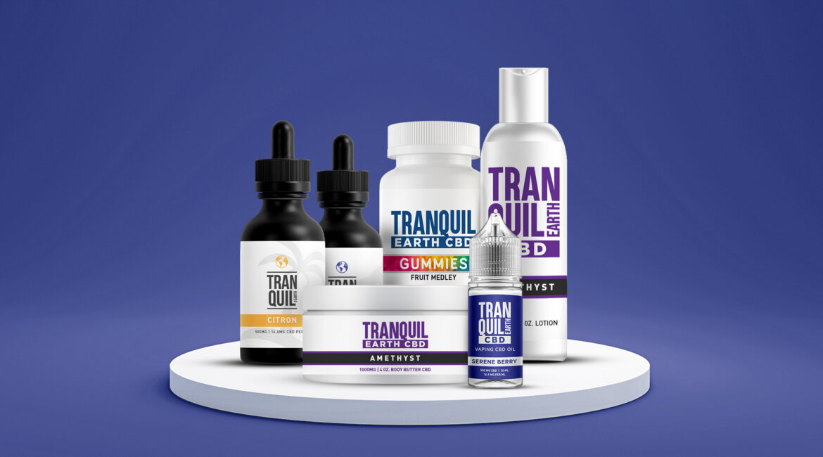 Image shows entire range of Tranquil Earth CBD products