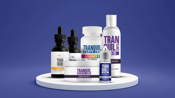 Image shows entire range of Tranquil Earth CBD products