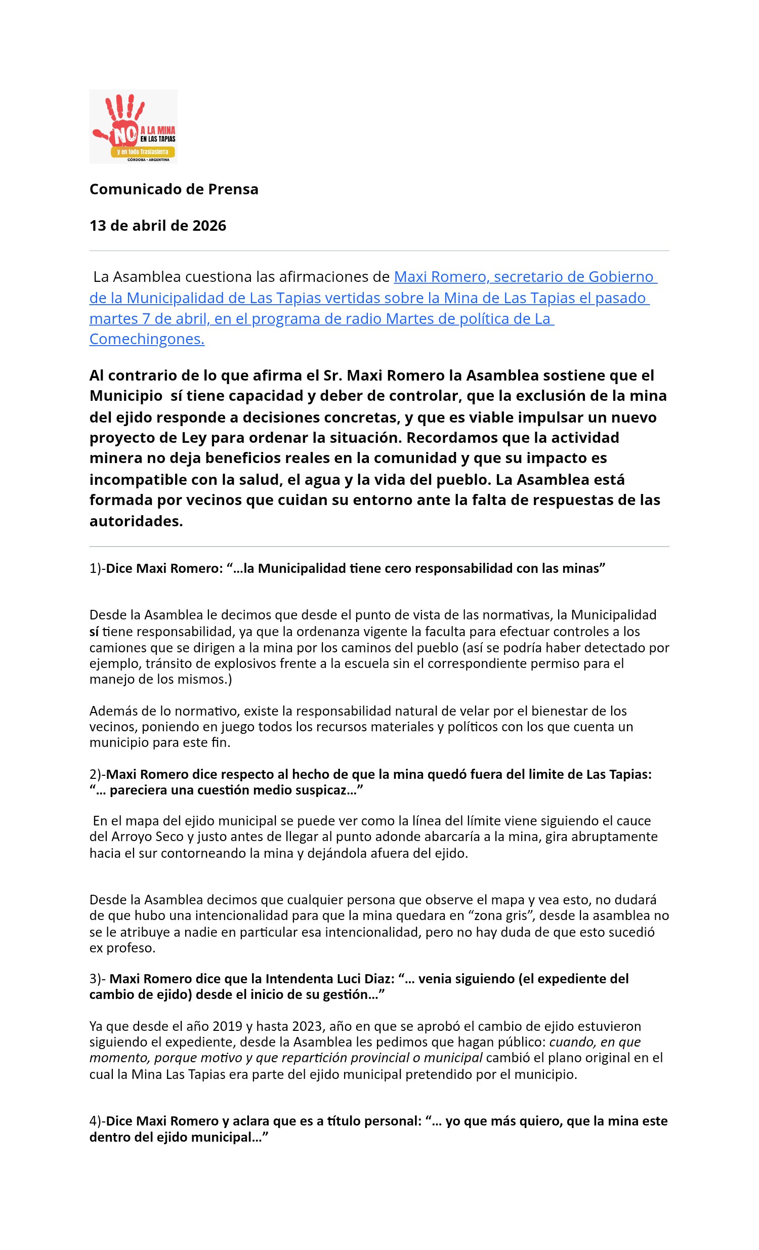 Comunicado de Prensa 13-04-26. Réplica a los dichos de Maxi Romero