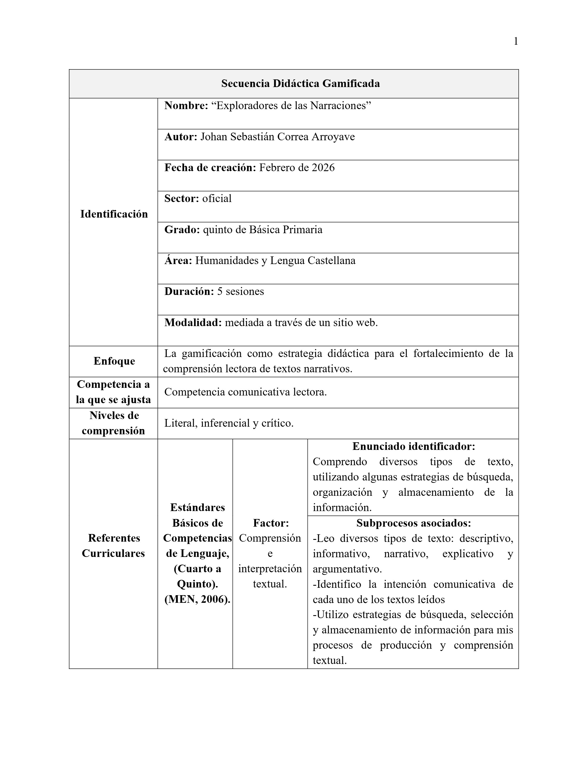 Secuencia Didáctica Gamificada Exploradores de las Narraciones.