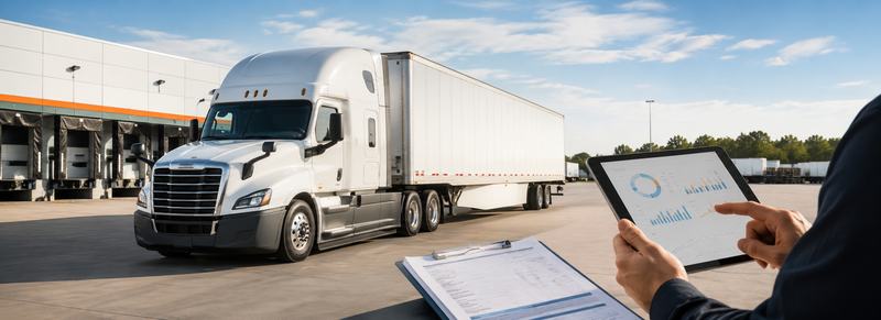 A modern dry-van truck and financial dashboard represent the connection between freight operations, invoice factoring, and dependable business cash flow