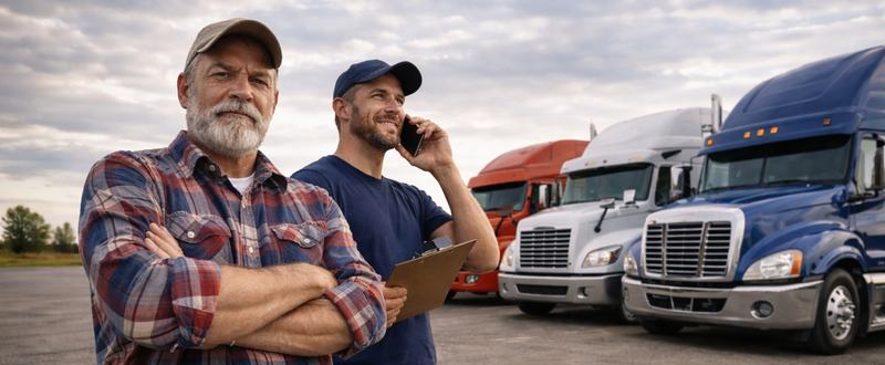 Professional semi-truck owner-operators standing confidently beside their trucks, representing independence, reliability, and partnership opportunities in the commercial trucking industry