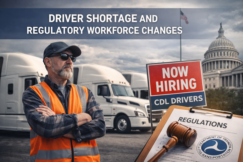 A professional trucking industry image representing driver shortages caused by regulatory enforcement, workforce policy changes, and increasing compliance requirements affecting driver availability across the U.S. transportation market