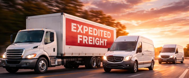Box truck, Sprinter van, and cargo van operating on a highway represent fast and flexible expedited freight transportation services supporting time-critical logistics operations.