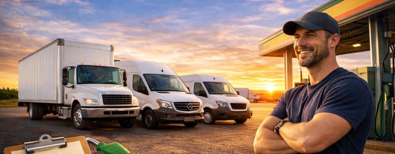 Confident expedited owner-operator standing beside box truck and cargo vans at a fuel station, representing independence, reliable equipment, and professional transportation business opportunity
